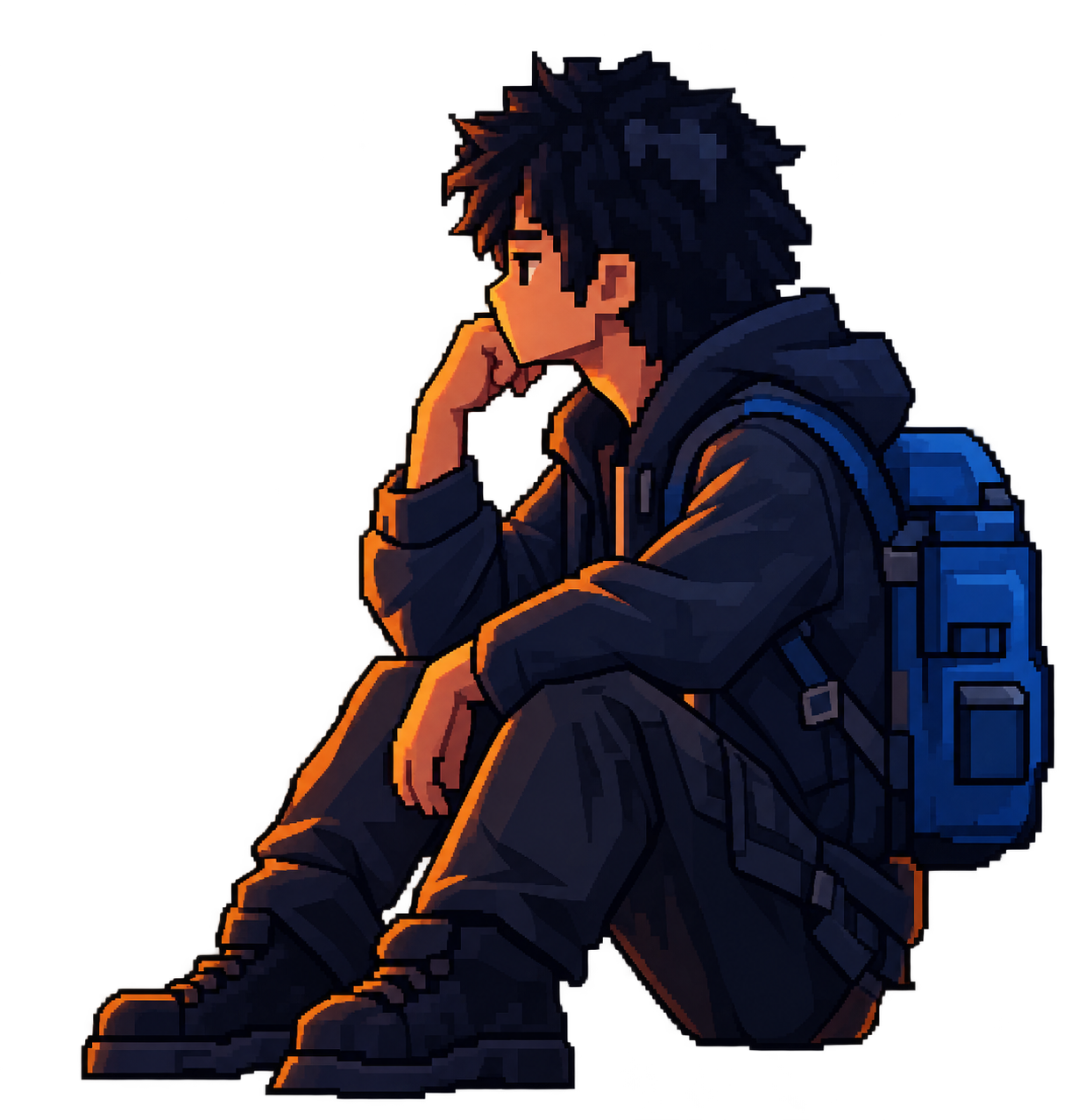Personagem sentado observando a fogueira